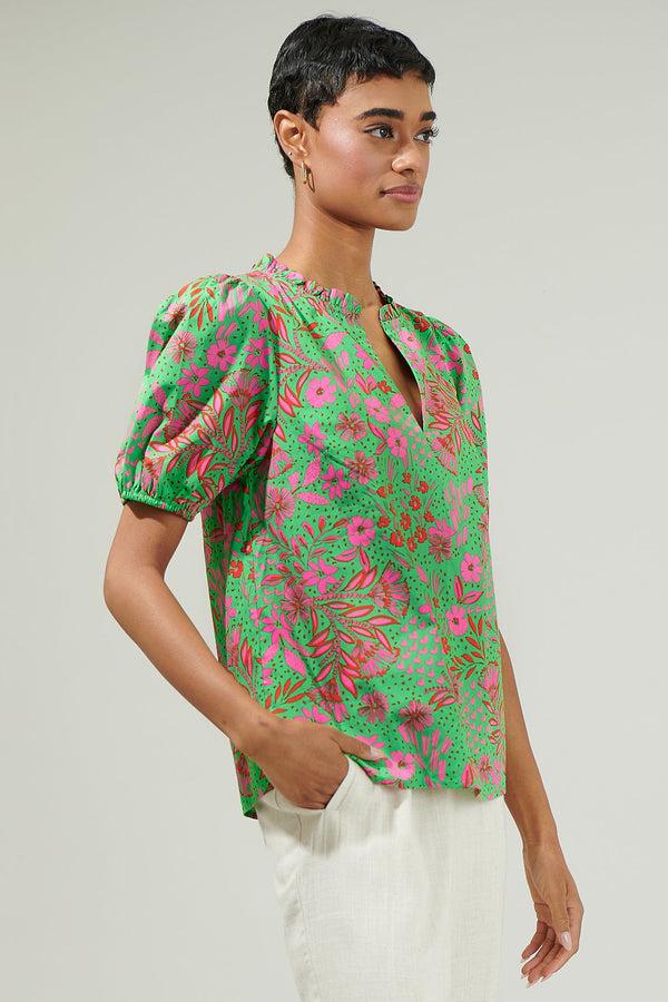 Sugarlips Jade Floral Kenni Split Neck Top