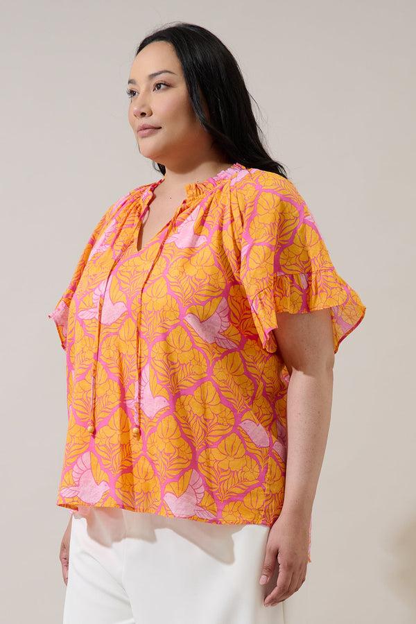 Sugarlips Jaidy Floral Erie Split Neck Top Curve