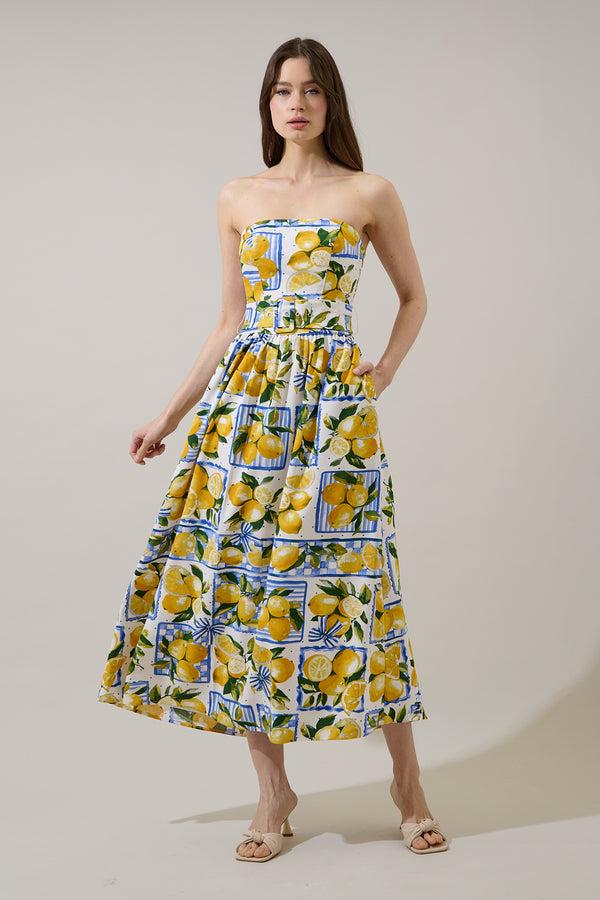 sugarlips Janelle Strapless Midi Dress Lemon Zest