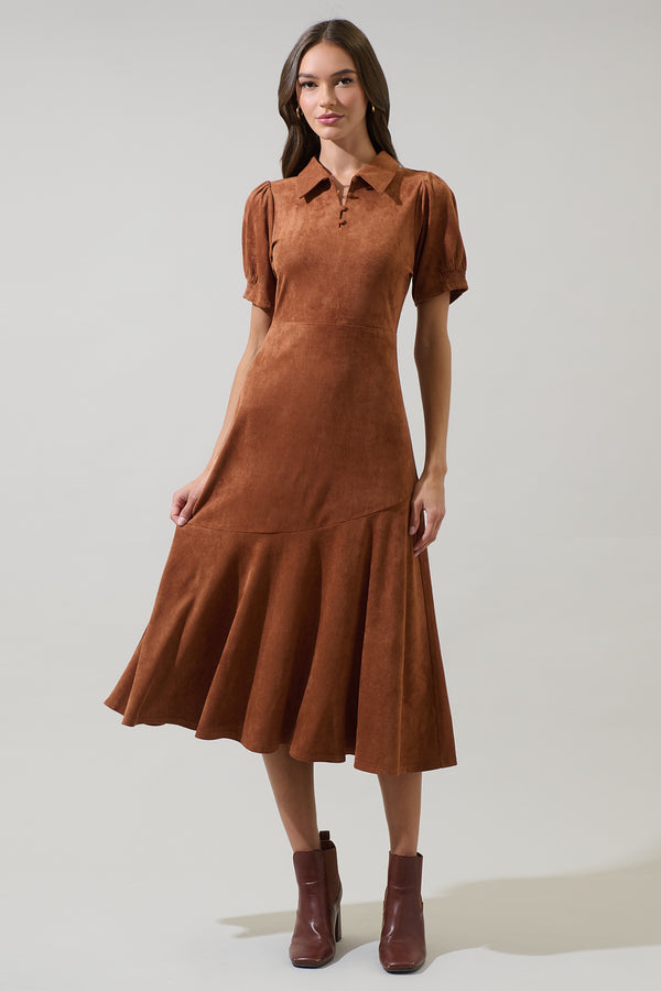 sugarlips Jenicka Suede Marya Collared Midi Dress