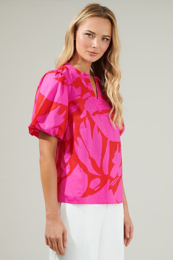 Sugarlips Jolene Abstract Tropical Split Neck Top