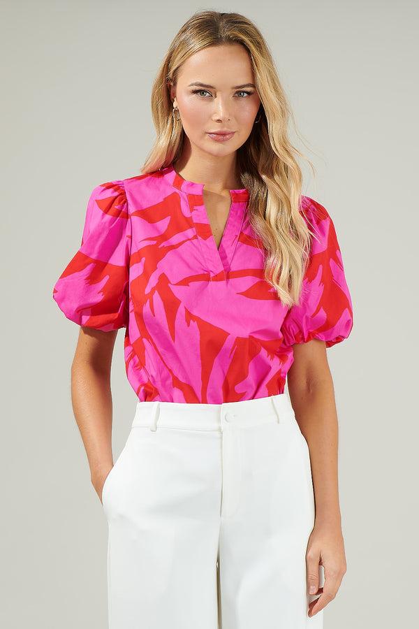 sugarlips Jolene Abstract Tropical Split Neck Top