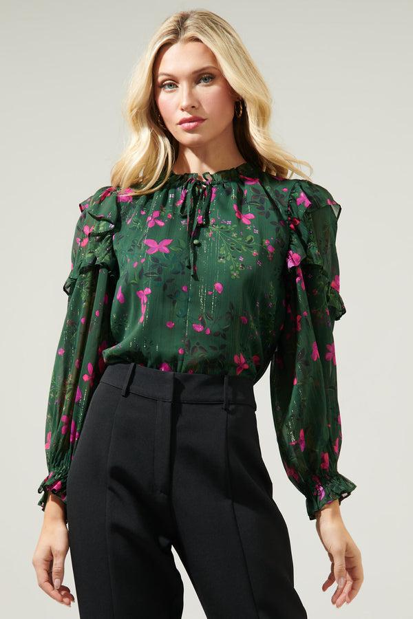Sugarlips Juniper Floral Marquette Henley Blouse