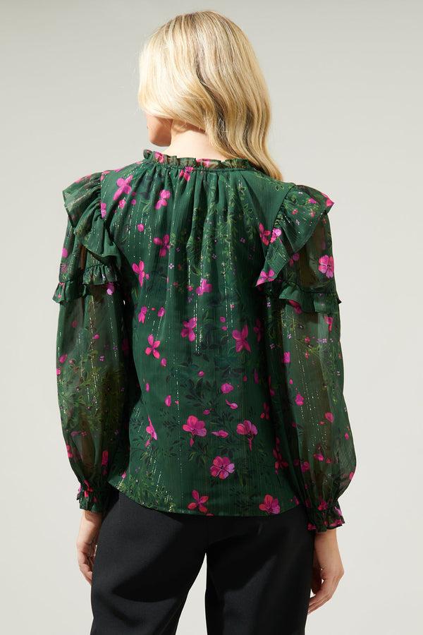 Sugarlips Juniper Floral Marquette Henley Blouse