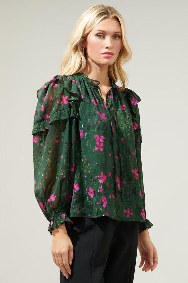 Sugarlips Juniper Floral Marquette Henley Blouse