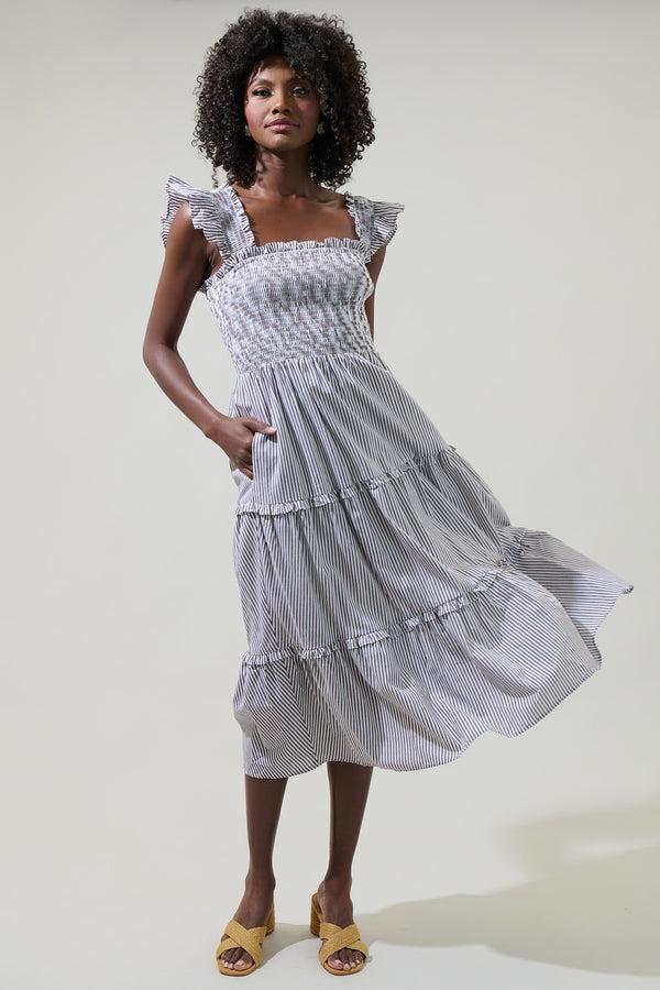 sugarlips Katie Striped Smocked Bodice Midi Dress
