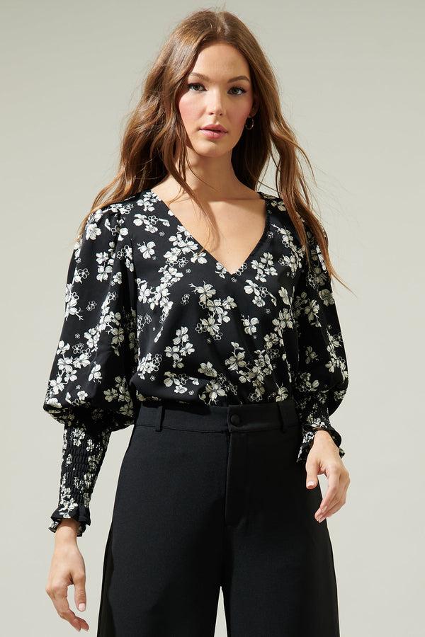 sugarlips Kennie Floral Smocked Long Sleeve Blouse