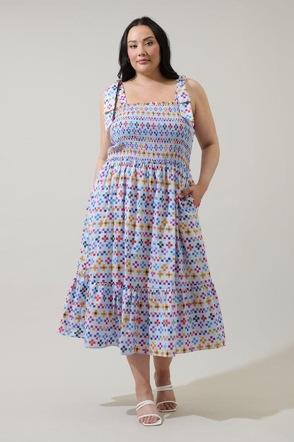 sugarlips Kessa Geo Mitzy Smocked Midi Dress Curve