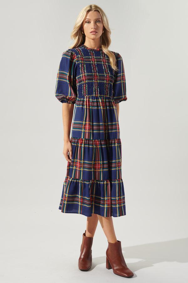 Sugarlips Lakeview Plaid Smocked Tiered Midi Dress