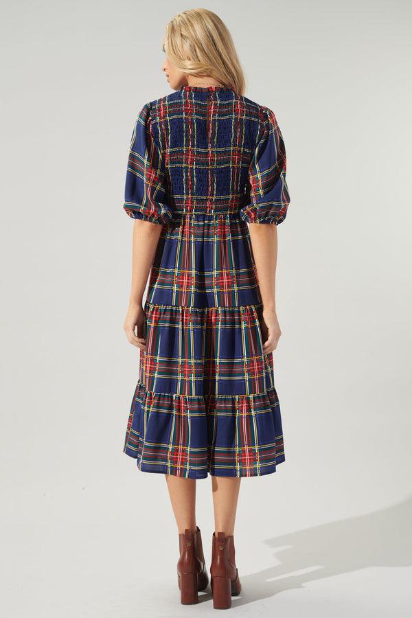 Sugarlips Lakeview Plaid Smocked Tiered Midi Dress