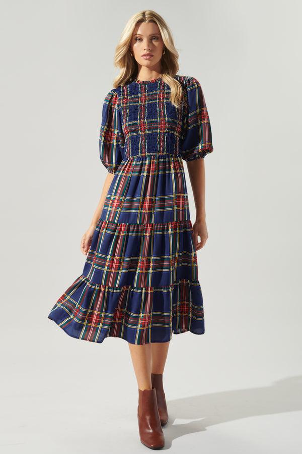 Sugarlips Lakeview Plaid Smocked Tiered Midi Dress