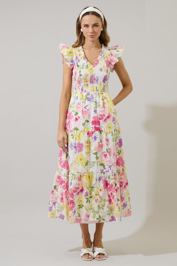 Sugarlips Leonie Floral Sunfire Tiered Midi Dress
