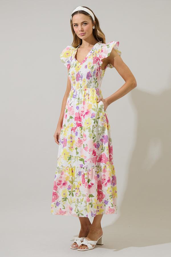Sugarlips Leonie Floral Sunfire Tiered Midi Dress