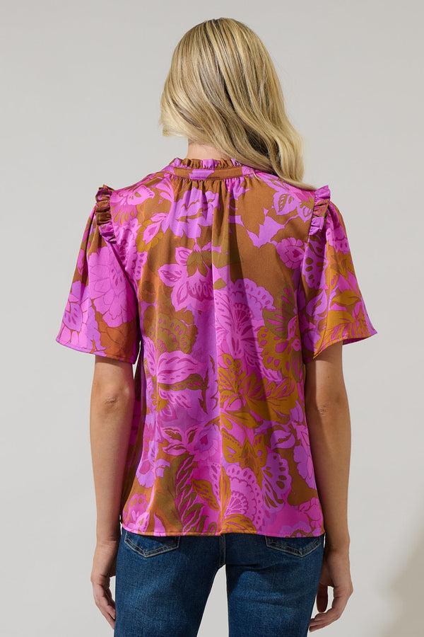Sugarlips Lorian Floral Mei Split Neck Satin Top