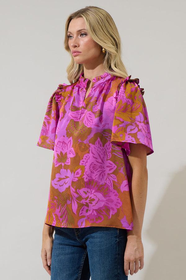 Sugarlips Lorian Floral Mei Split Neck Satin Top