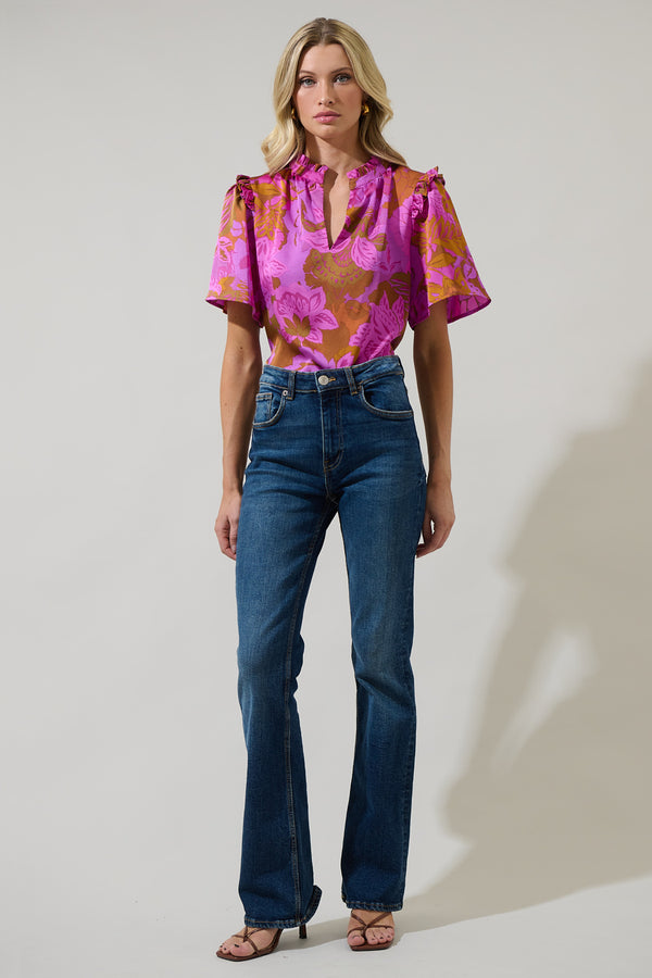 Sugarlips Lorian Floral Mei Split Neck Satin Top