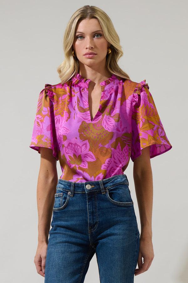sugarlips Lorian Floral Mei Split Neck Satin Top