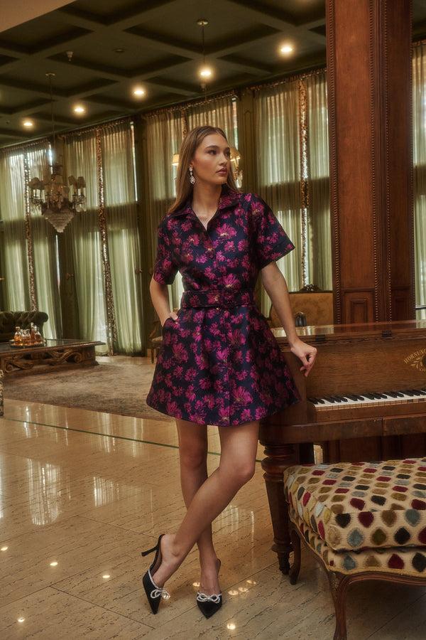 sugarlips Lorna Floral Jacquard Belted Mini Dress