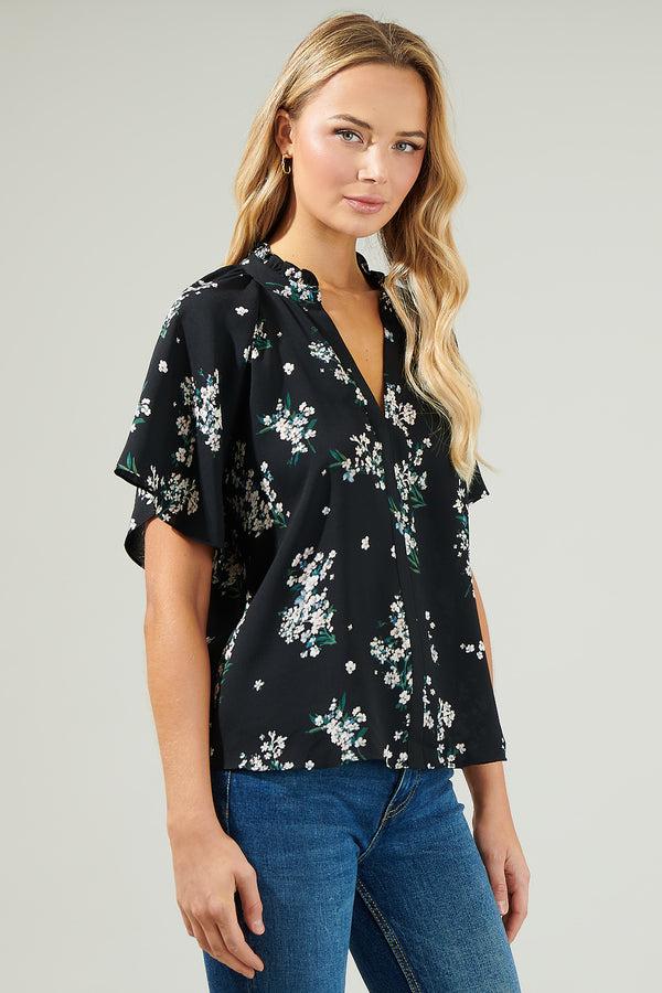 Sugarlips Magnol Floral Ruffle Split Neck Blouse