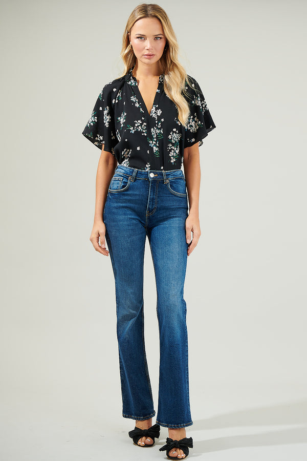 Sugarlips Magnol Floral Ruffle Split Neck Blouse