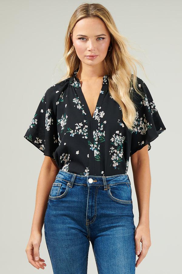 sugarlips Magnol Floral Ruffle Split Neck Blouse