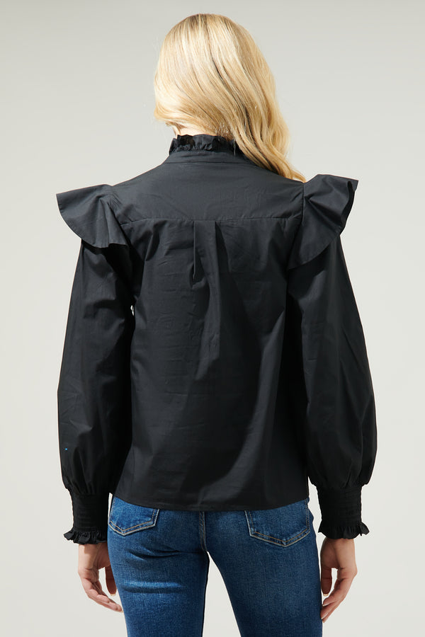 Sugarlips Malbec Ruffle Button Front Poplin Blouse