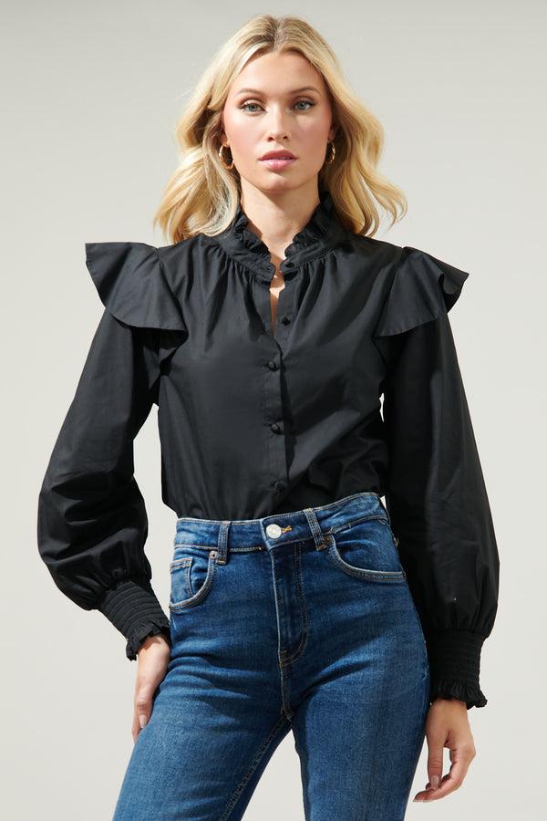 sugarlips Malbec Ruffle Button Front Poplin Blouse