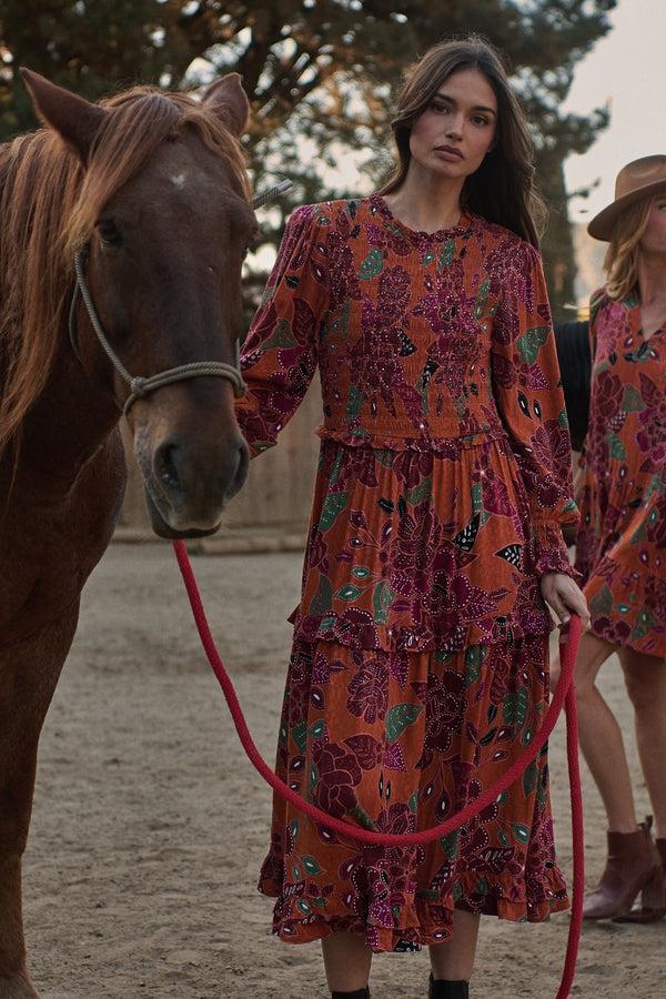 sugarlips Marven Floral Seldy Smocked Midi Dress