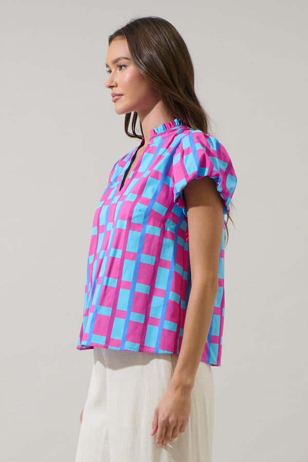 Sugarlips Marvy Checker Kenie Puff Sleeve Top