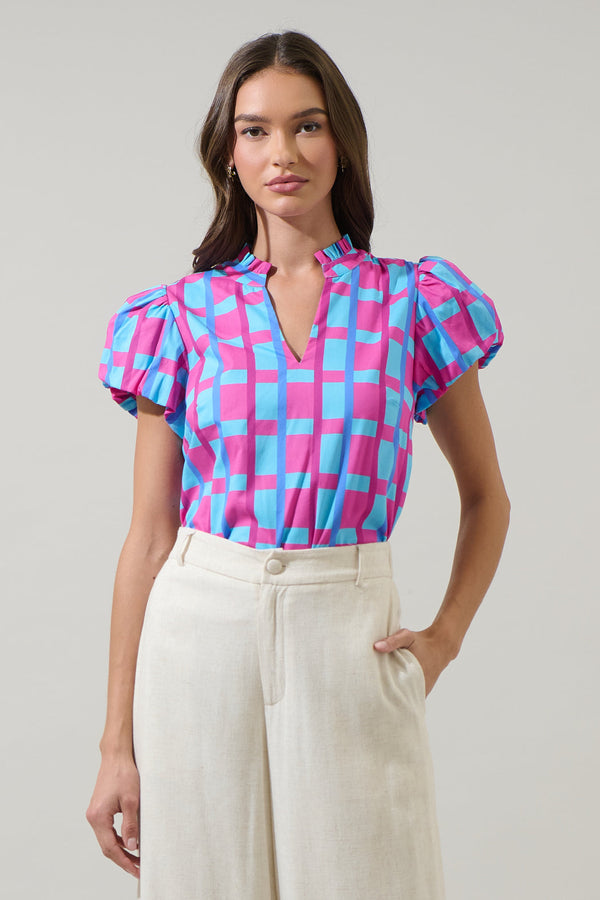 sugarlips Marvy Checker Kenie Puff Sleeve Top