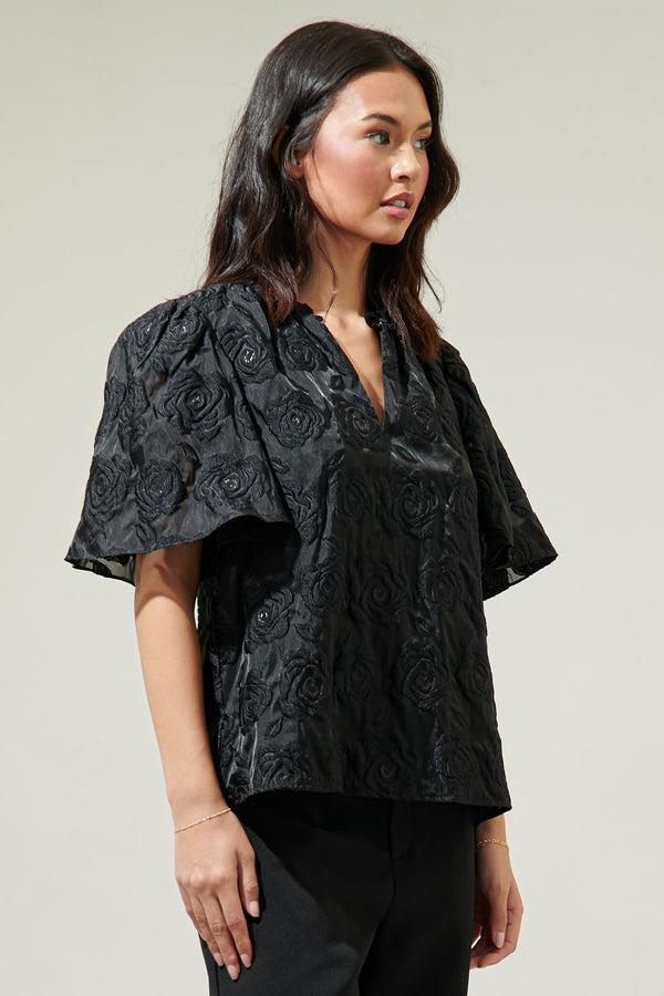 Sugarlips Midnight Rose Split Neck Blouse