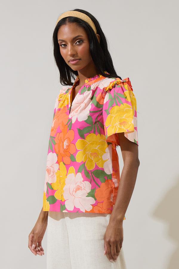 Sugarlips Milley Floral Mei Split Neck Satin Top