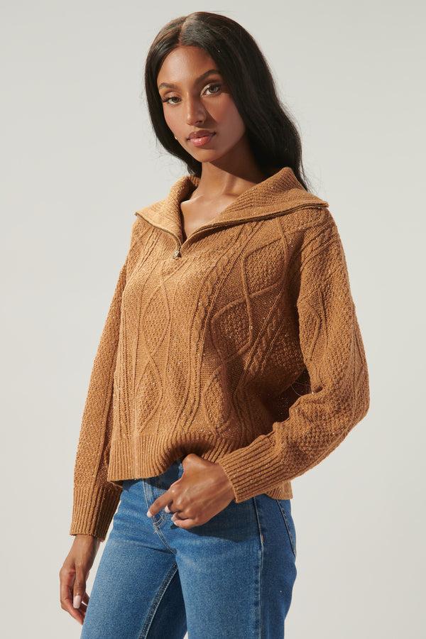 Sugarlips Mocha Cable Knit Half Zip Sweater