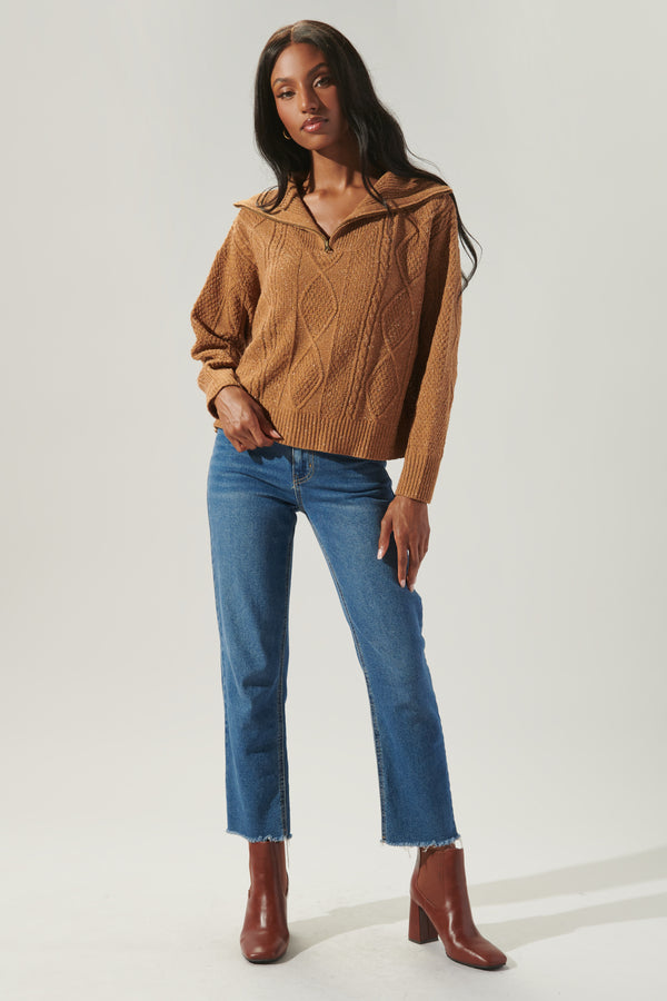 Sugarlips Mocha Cable Knit Half Zip Sweater