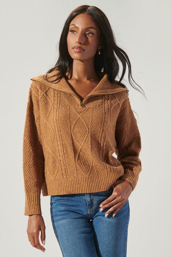 sugarlips Mocha Cable Knit Half Zip Sweater