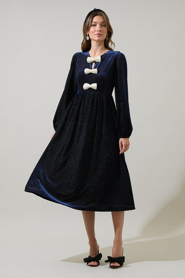 Sugarlips Nelly Dot Velvet Glow Bow Midi Dress