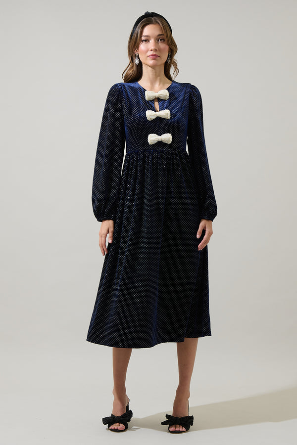 sugarlips Nelly Dot Velvet Glow Bow Midi Dress
