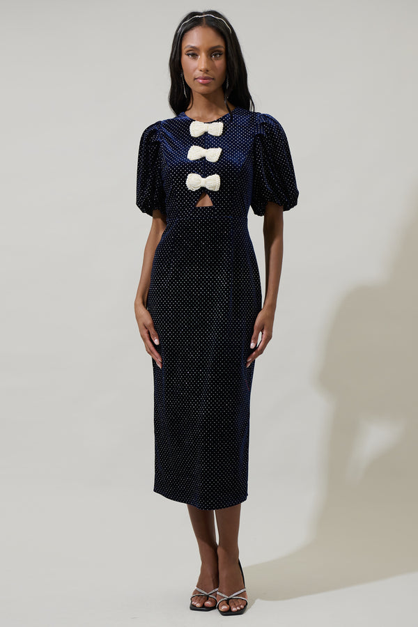Sugarlips Nelly Dot Velvet Pearl Bow Midi Dress