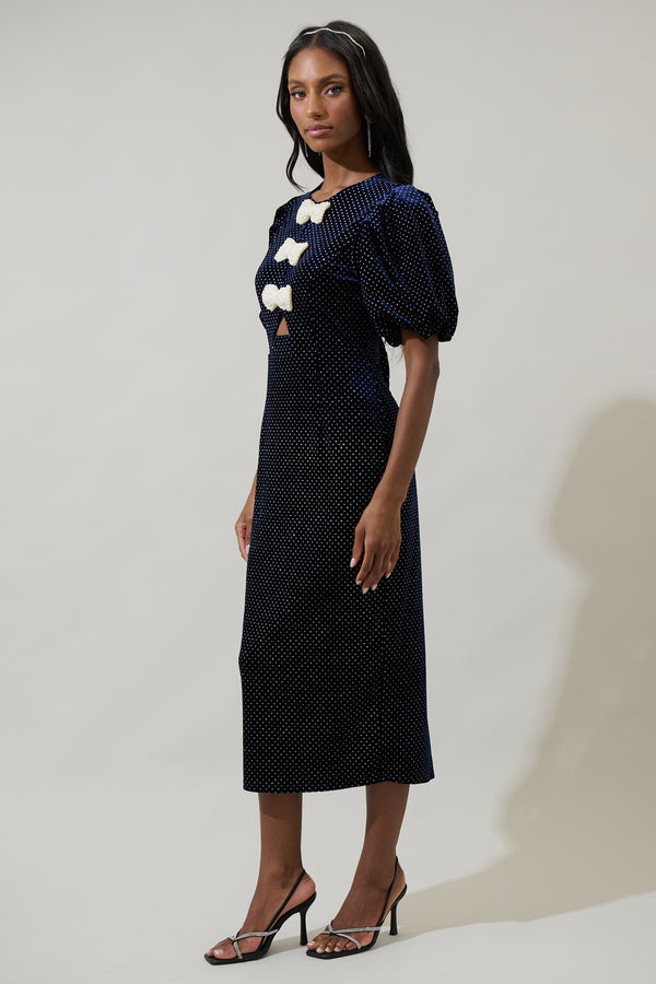 Sugarlips Nelly Dot Velvet Pearl Bow Midi Dress