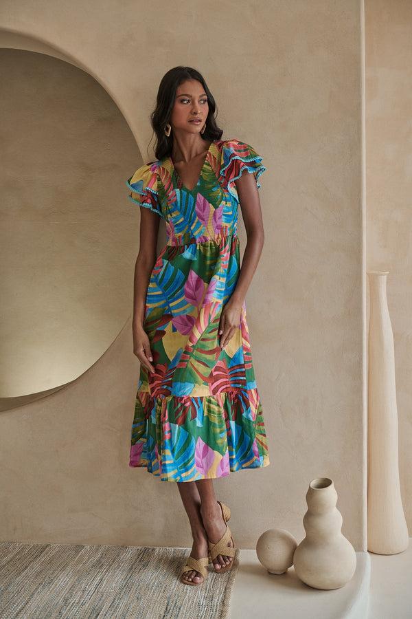 sugarlips Novi Tropical Patte Tiered Midi Dress