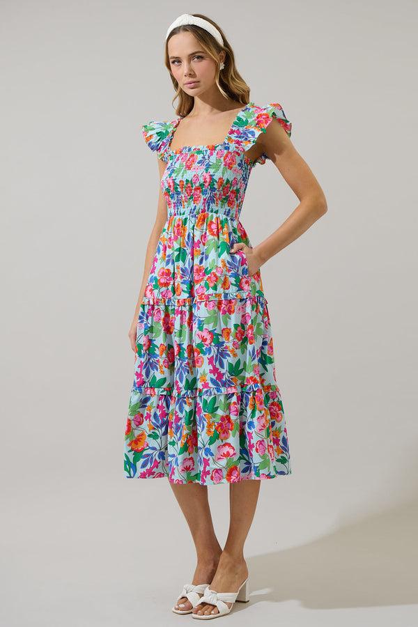 Sugarlips Orlena Floral Emy Smocked Midi Dress
