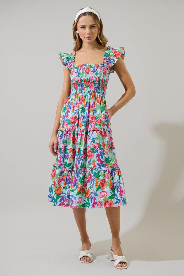 sugarlips Orlena Floral Emy Smocked Midi Dress