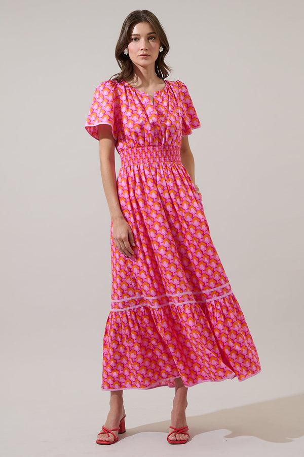 sugarlips Paden Abstract Ordy Smocked Midi Dress