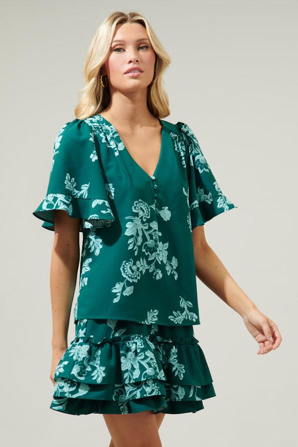Sugarlips Piney Jacobean Lazzlo Bell Sleeve Blouse