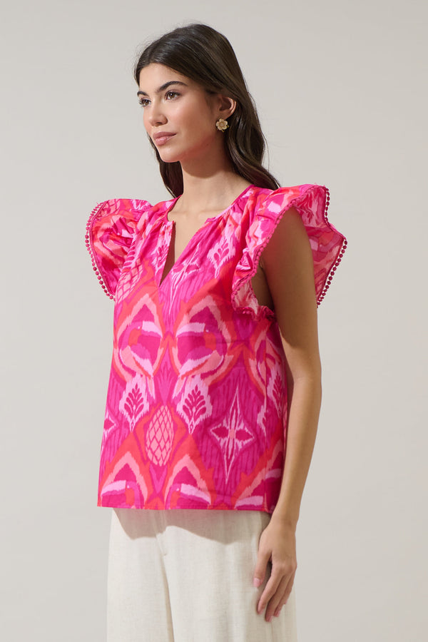 Sugarlips Prissa Ikat Carya Ruffle Poplin Top