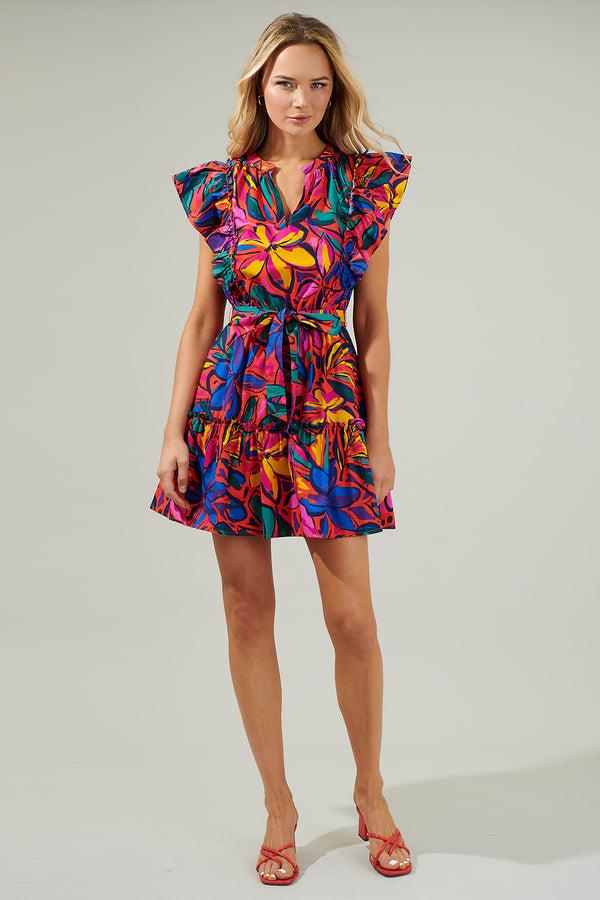 Sugarlips Rainbow Tropics Floral Ruffle Mini Dress