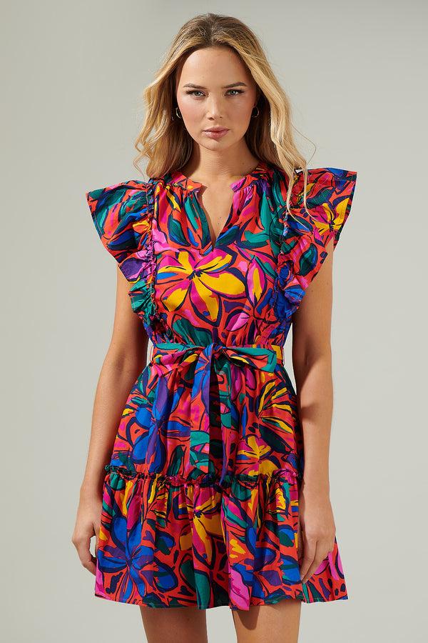 sugarlips Rainbow Tropics Floral Ruffle Mini Dress
