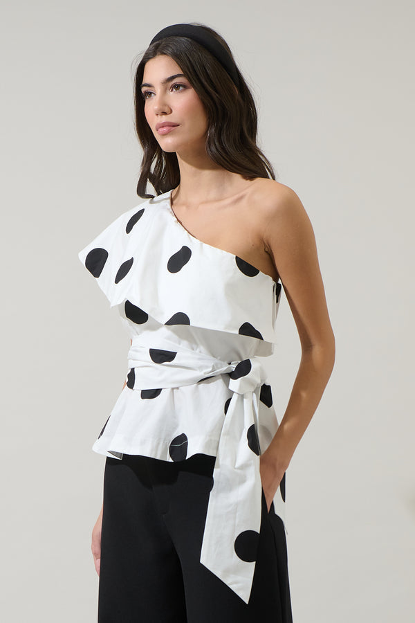 Sugarlips Randal Polka Dot Gris One Shoulder Top