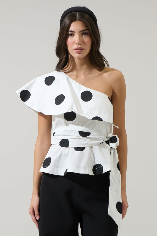 sugarlips Randal Polka Dot Gris One Shoulder Top