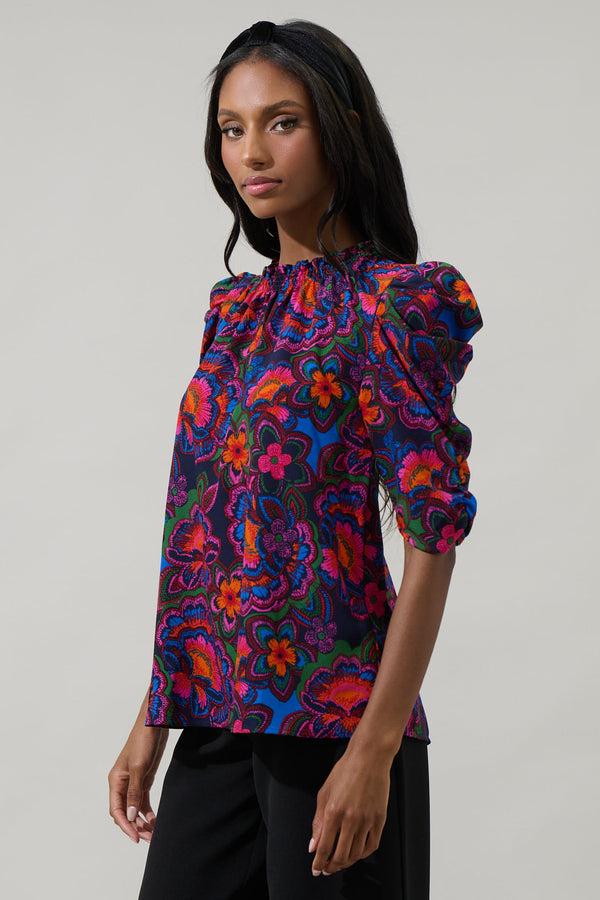 Sugarlips Raveena Midnight Floral Drape Sleeve Top